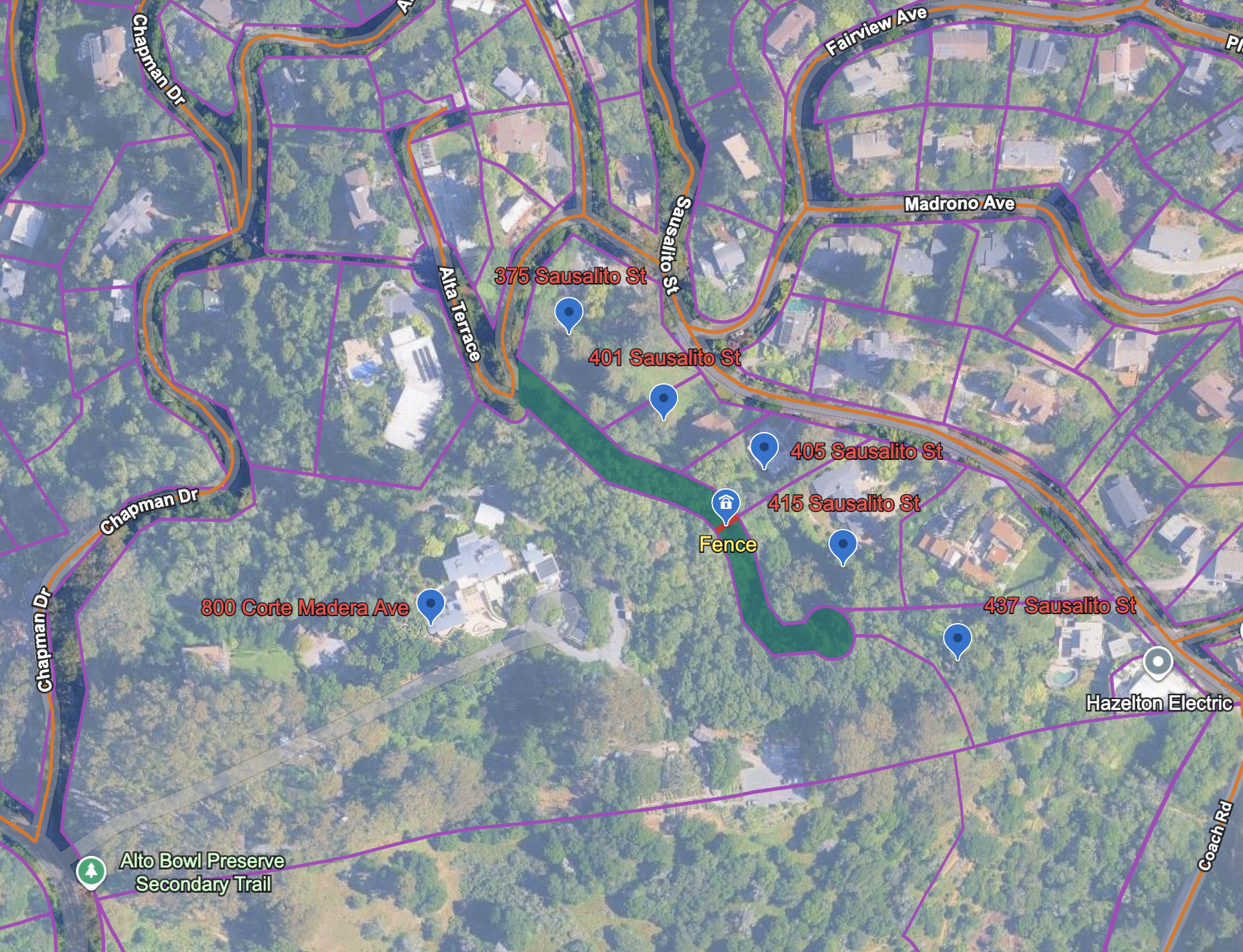 Aerial map of Alta Woods showing the historic paper road corridor in green, neighboring homes on Sausalito Street, and 800 Corte Madera Avenue